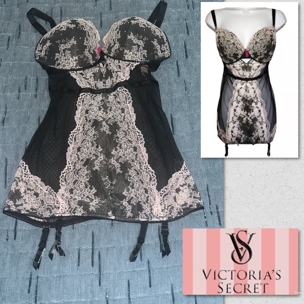 Victoria's Secret Black and Cream Lace Chemise